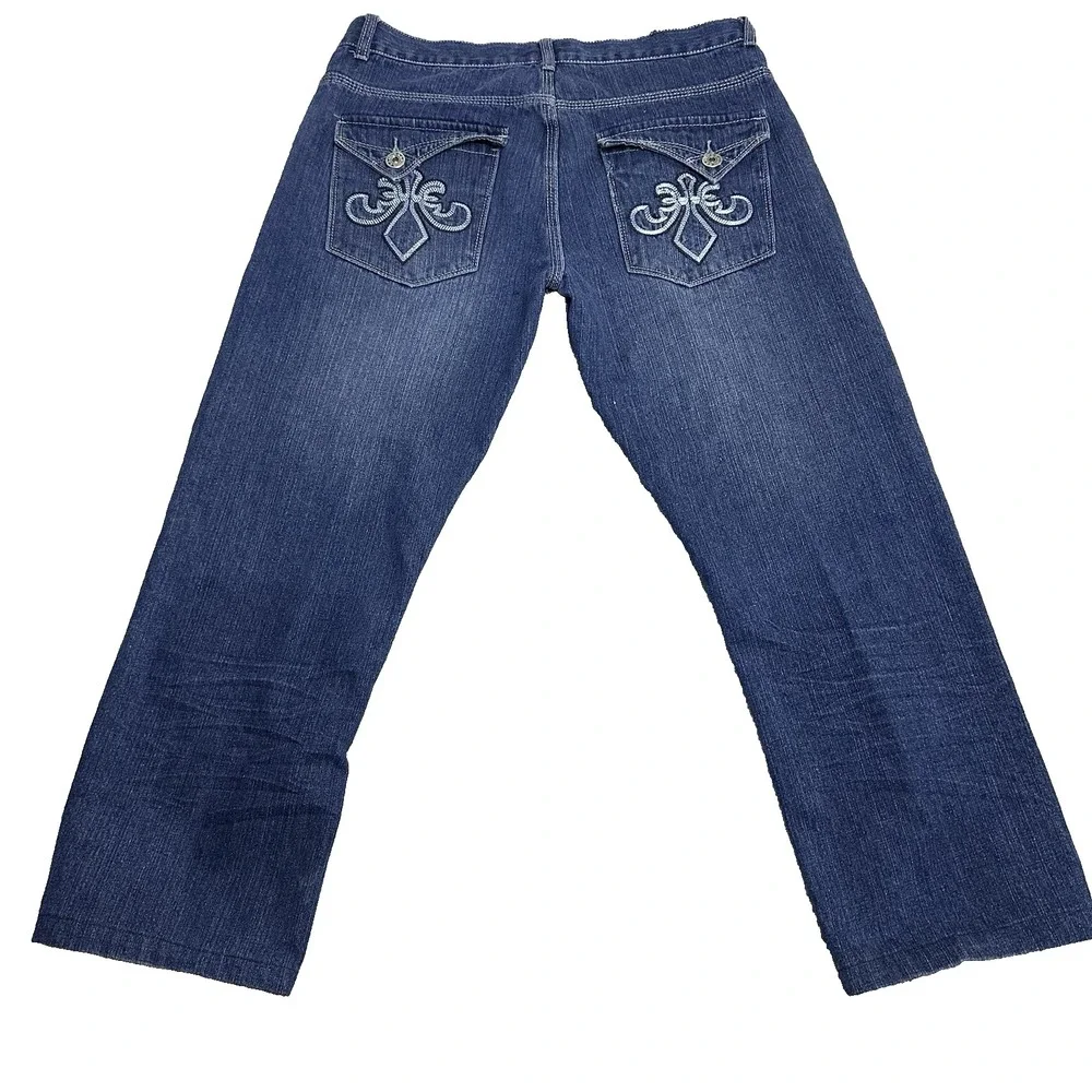 Mens‎ 36x26 Straight Leg Jeans Dark Wash Streetwear Embroidered Crest Cotton